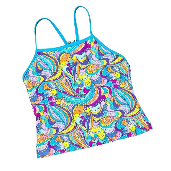 Speedo Tankini Youth 14Blue Neon Retro Swirls Graphic Swim Beach Active Girls